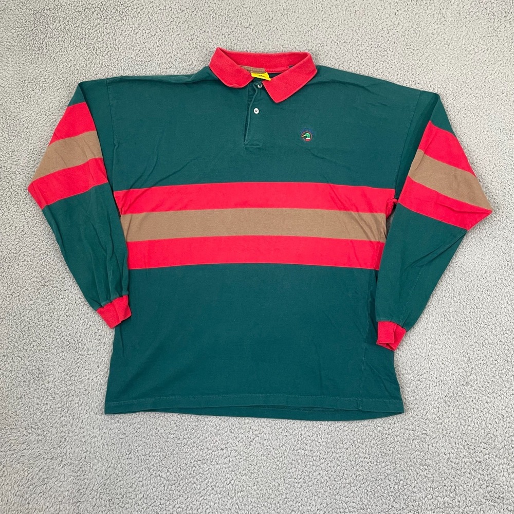 Vintage Duck Head Rugby Polo Shirt Men XL Green Striped Preppy Long Sleeve